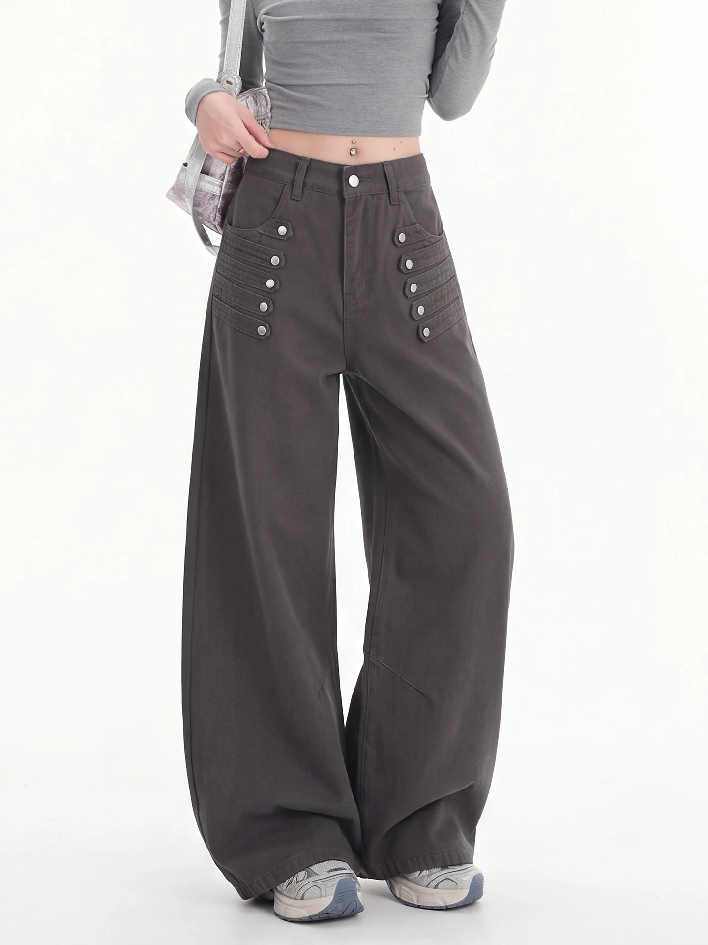 American Court Style Casual Double Button Wide Leg Jeans Women Loose Drapey Pants Autumn Street Style Loose Fit Floor-Length