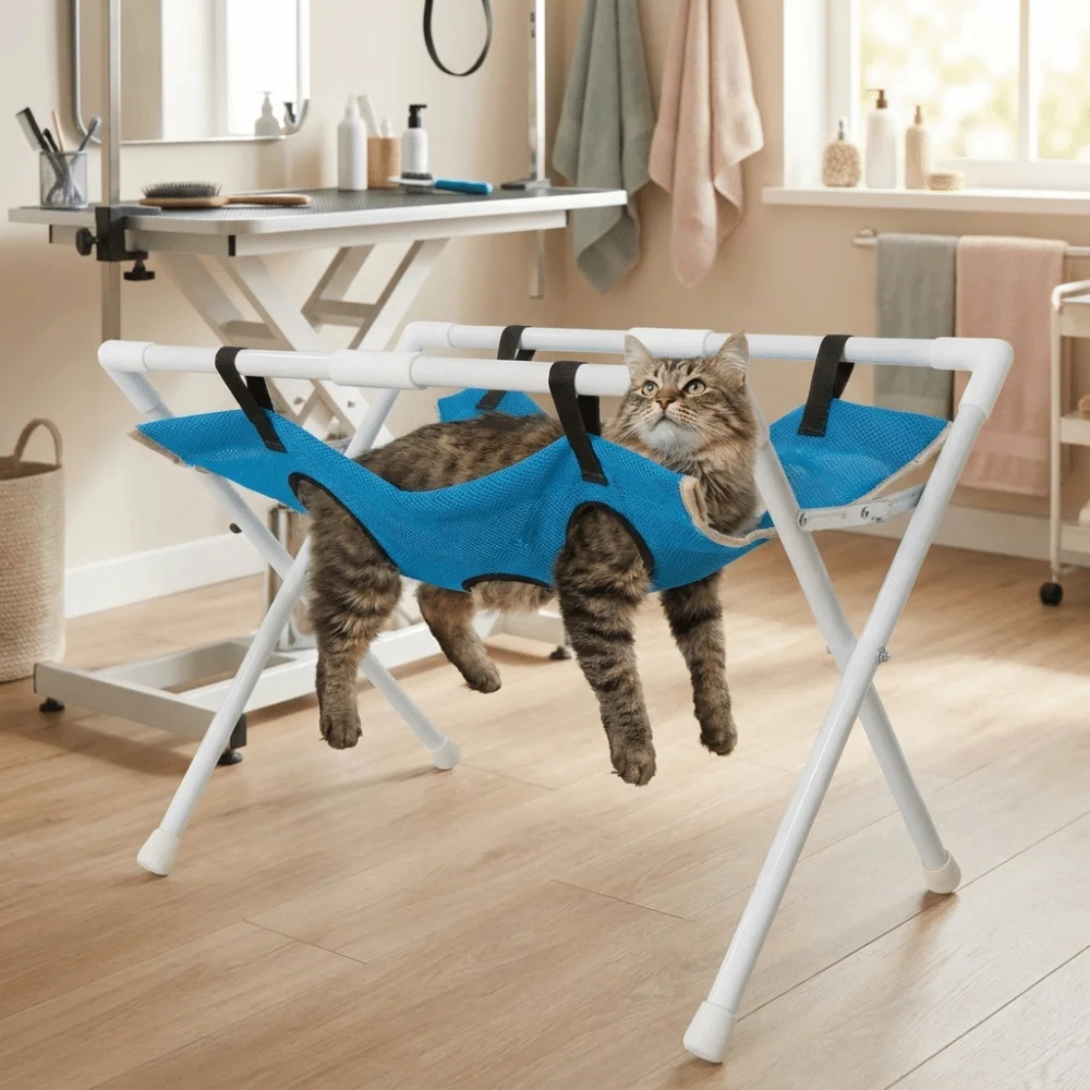 Folding Cat Bathing Rack Breathable Anti-Bite Pet Grooming Hammock Stable Structure Quick-Dry Mesh Pet Nail Clipping Holder
