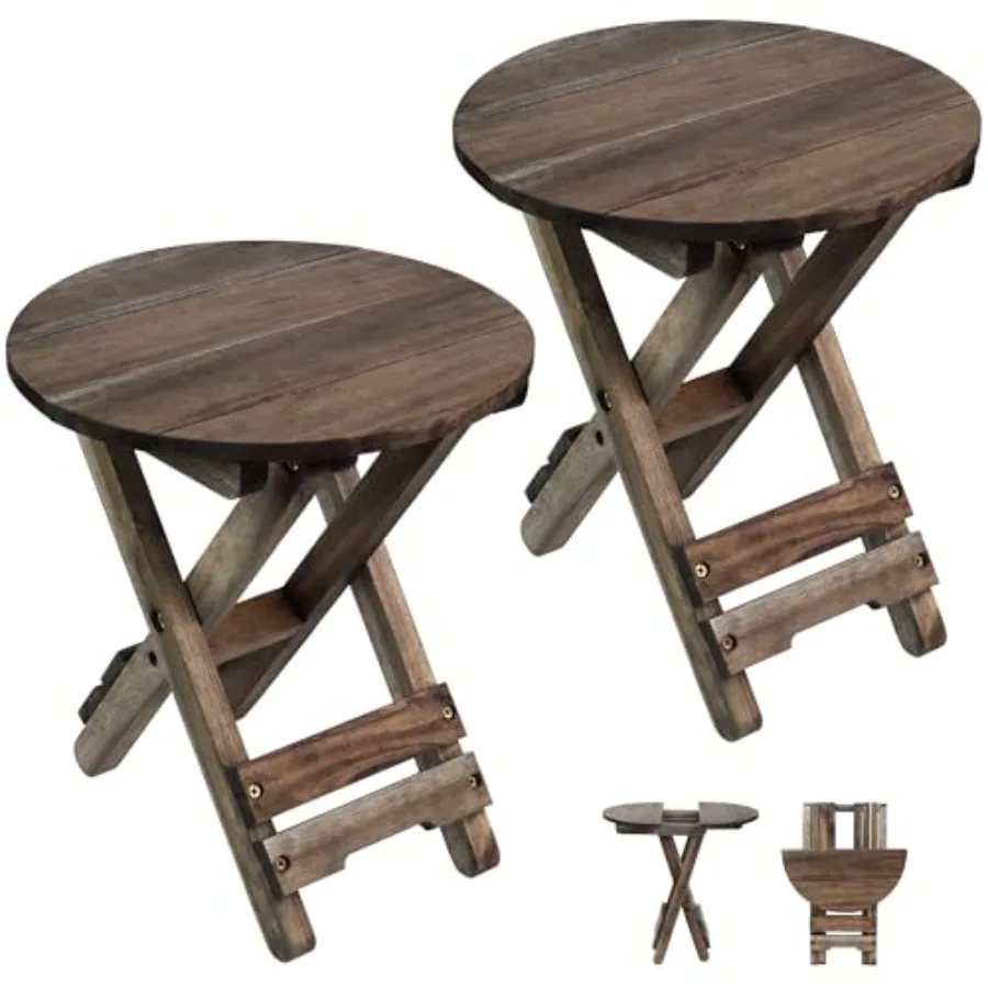 

Outdoor folding side table for small patios walnut wood top portable accent coffee/end table set of 2 round shape warm walnut f