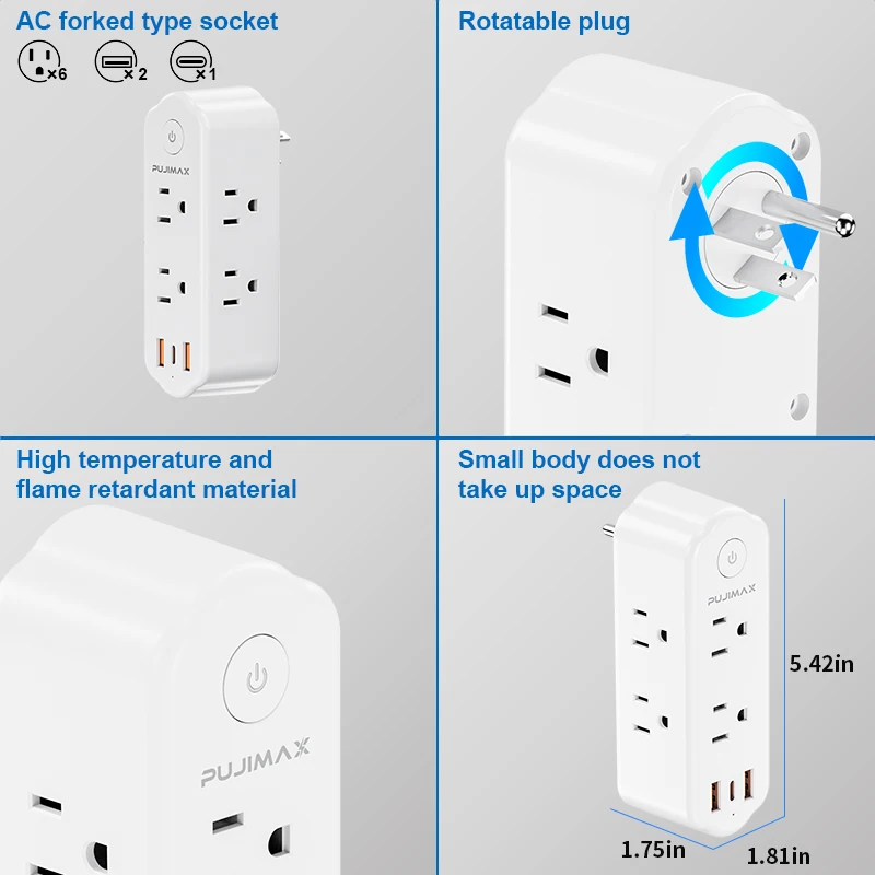 PUJIMAX Smart Extender 6 Outlet 3 gniazda dwa porty USB USB przedłużacz na wtyczkę dla Alexa Home 15A US Standard ﻿