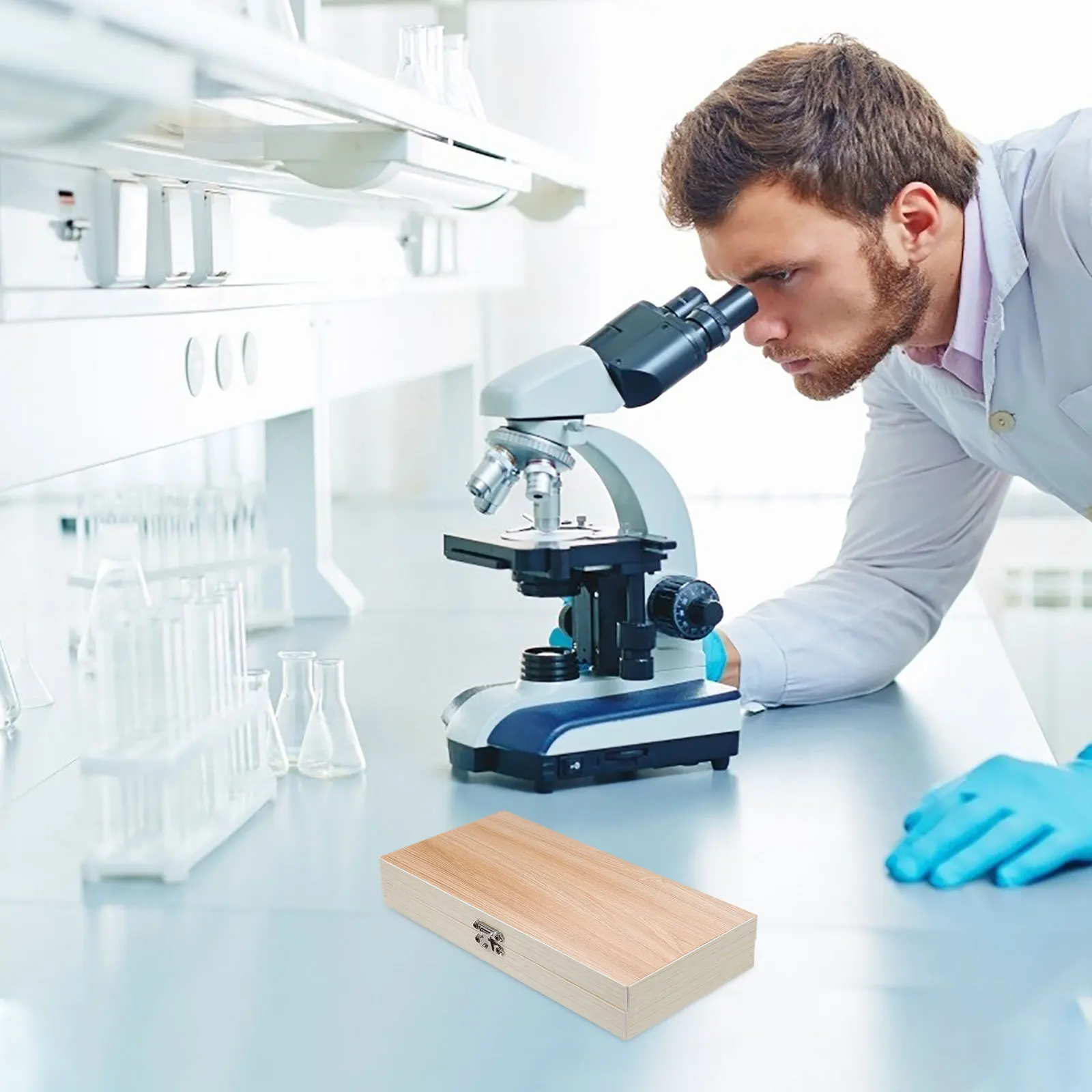 

50-Slot Wood Microscope Non-Polluting Slide Holder for Scientific Specimen Storage and Organization 50- Storage Box