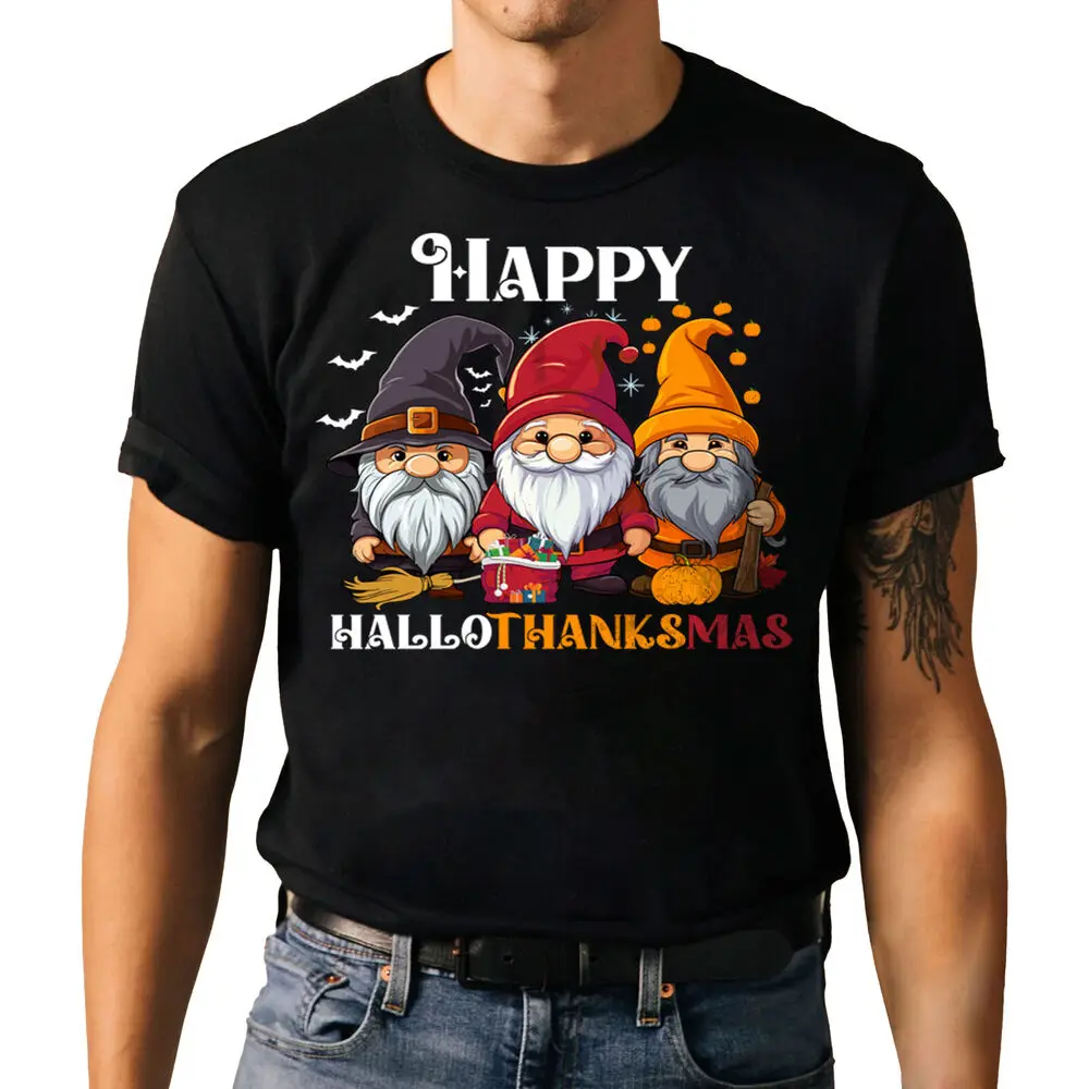 HalloThanksMas Gnomes T-shirt - Halloween Thanksgiving Christmas Shirt For Men Clothing Women Tees 100%Cotton Short Sleeve