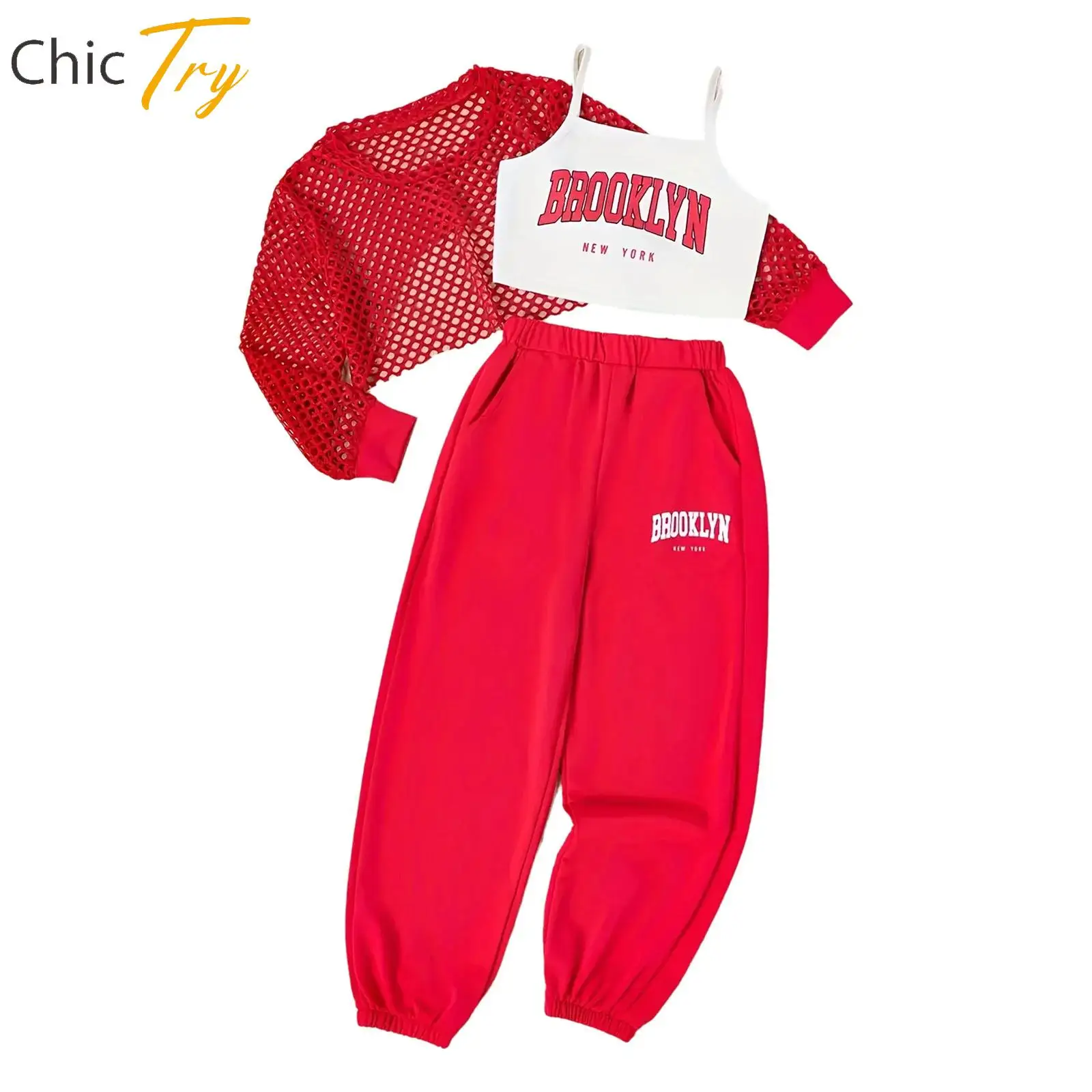 

Child Girls Hip Hop Jazz Street Jazz Dance Costume Set Long Sleeve Mesh Crop Top+Vest+Sweatpants 2-piece Set for Yoga Workout