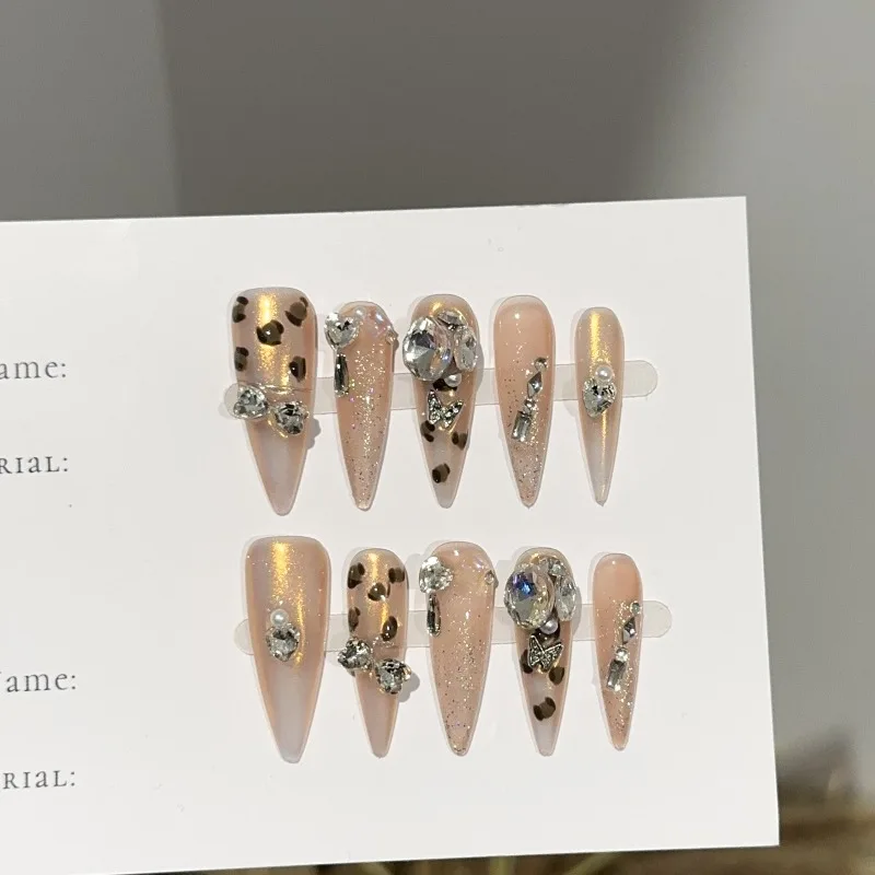 

10PCS Handmade Leopard Print Fake Nails Gold Long Tip Press on Nails European American Style Luxury Diamond Studded False Nails