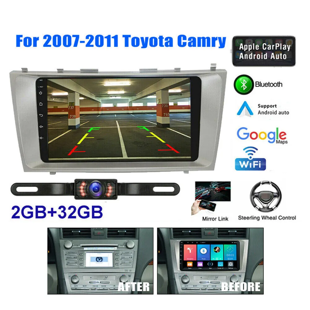 2+32G Android 13 Car Stereo for Camry 2007-2011 with Carplay Android Auto GPS Navigation 9in Car Screen Radio Multimedia Player with Bluetooth Wifi SWC Mirror Link + Reverse Camera