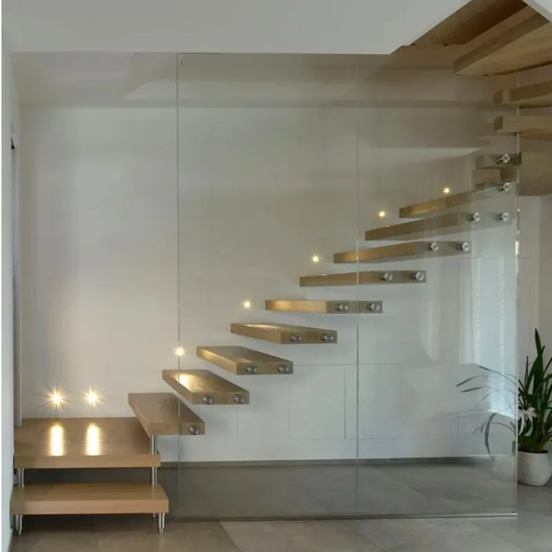 التخصيص التصميم الحديث دائم مستقيم خشبي العائمة درج فقي درابزين من الزجاج المقسى للاستخدام الداخلي للشقة