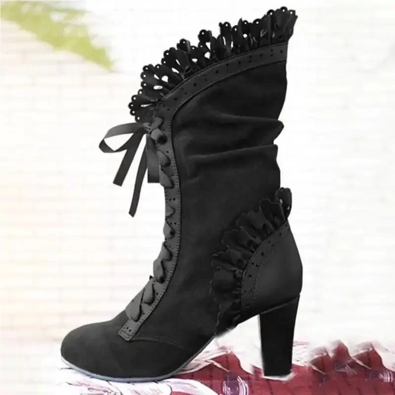 Plus Size 43 Womens Thick Heel Knight Boots Retro Medieval PU Leather Suede Lolita High Heel Lace Front Lace Up Boot Woman Shoe