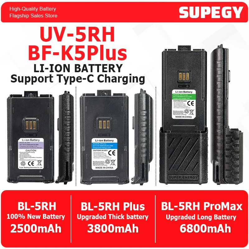 

UV-5RH BF-K5Plus Walkie Talkie Battery 2024 New Upgraded Enlarge Battery 6800/3800mAh Li-ion Battery Can Type-C Charging