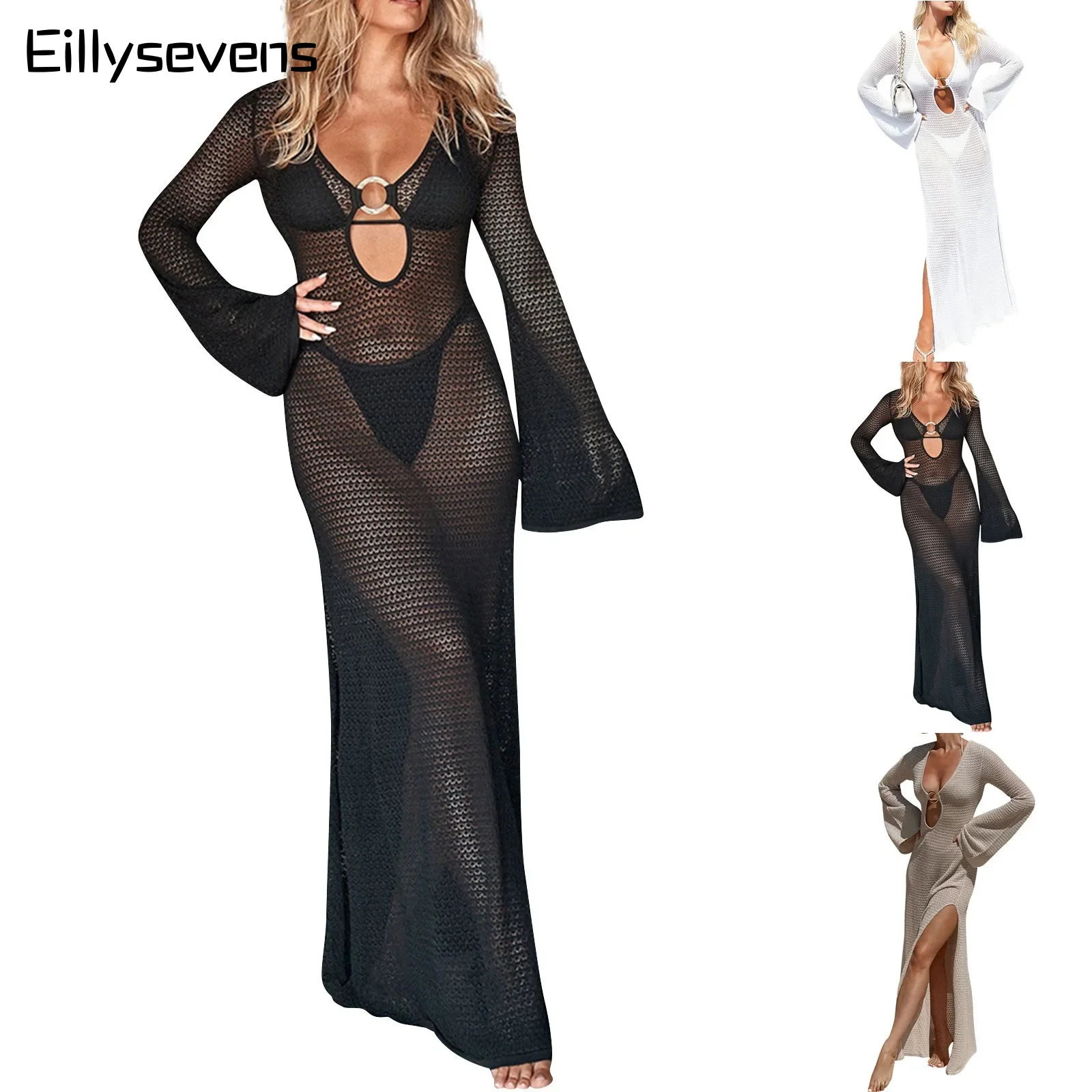 

Women Bikini Cover-Ups Dress Solid Color Sexy Hollow Out Woven Shirt Deep V Beach Bikini Outer Blouse Dress Mesh Slit Cover-Ups