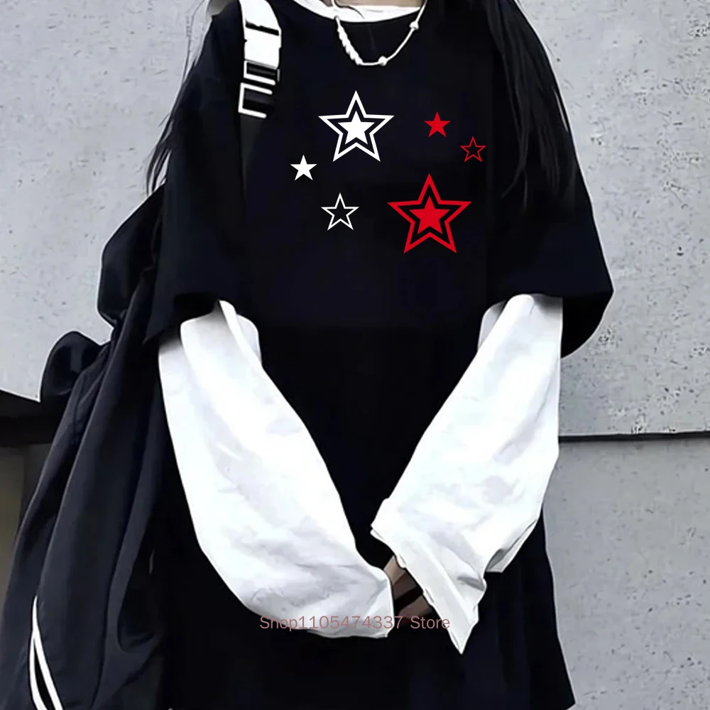 Women Star Y2K Print Graphic Fake Two Long Sleeved T-shirts Fashion Streetwear Retro Casual Loose Fake Two Long Sleeved T Shirt
