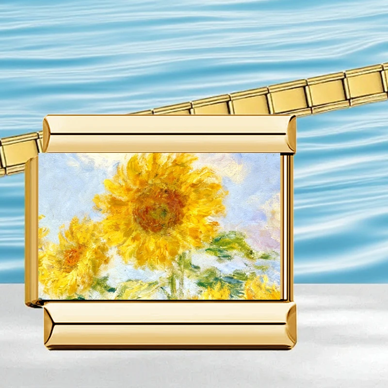 New Golden Sunflower Ripple Cross Italian Charm Fit 9mm Stainless Steel Bracelet Jewelry Drop Shipping