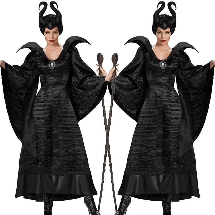 زي الهالوين الساحرة للبالغين رداء طويل نعسان مجوف Maleficent الشيطان الأسود لعب الأدوار ملابس تنكرية للاستخدام الخاص