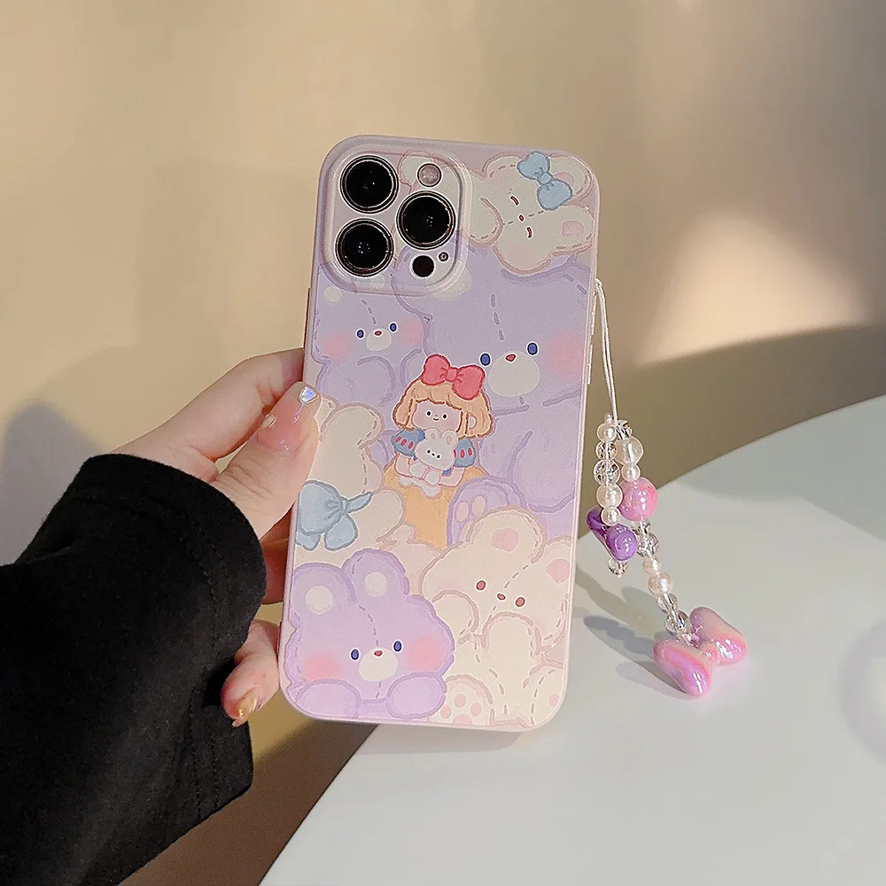 Niedlicher Cartoon-Hase mit Ketten-Lanyard-Telefonhülle für iPhone 12 13 Mini 11 15 16 14 Pro Max XR X XS MAX 7 8 Plus stoßfeste Abdeckung