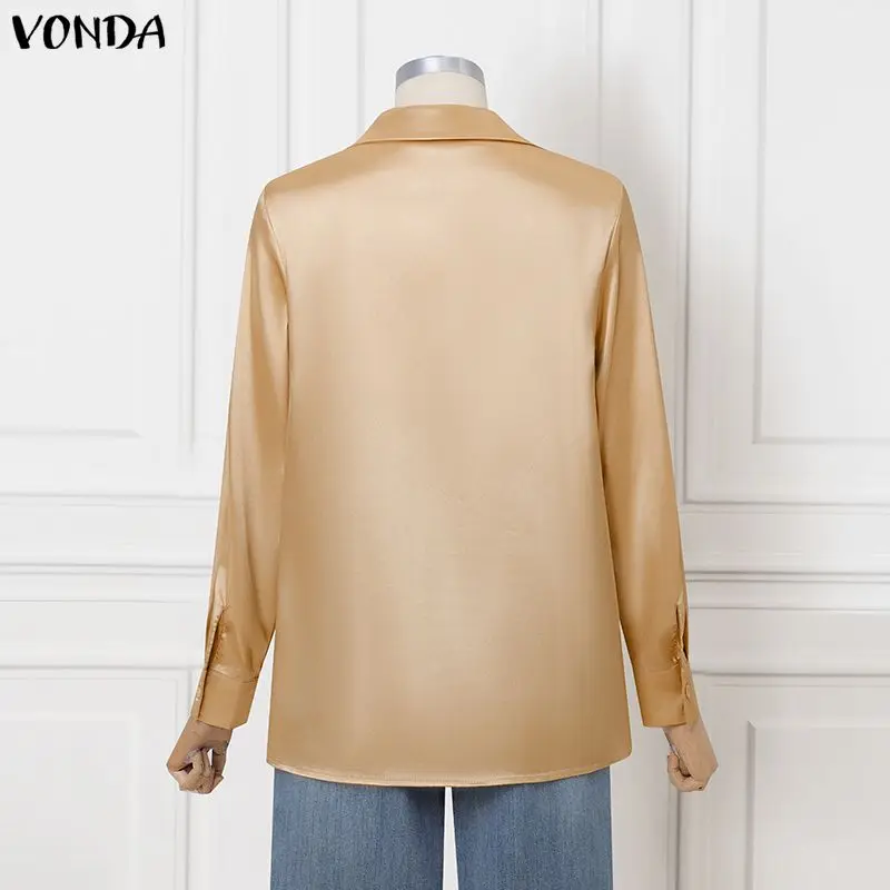 Plus Size 5XL VONDA Elegant Women Shirt Long Sleeve Satin Blouse Autumn Sexy V-Neck Pleated Office Lady Fashion Blusas Solid Top image 5