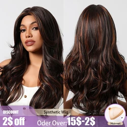 Long Body Wave Afro Synthetic Wigs Middle Part Dark Brown Highlight Red Brown Wig Loose Wave Wig for Black Women Brazilian Wigs