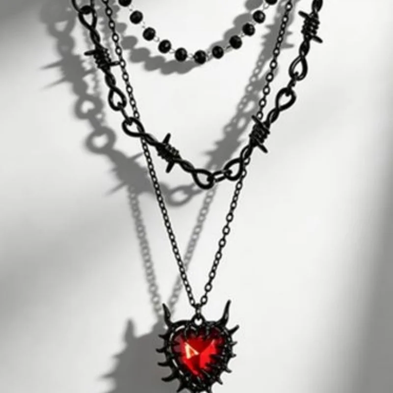 3 Gothic style black barbed wire, red spine, black bead layered necklace set, punk stackable aesthetic jewelry
