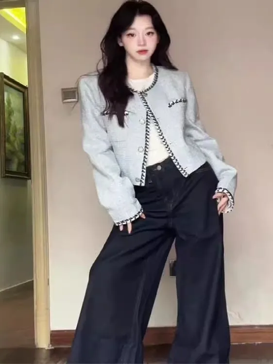 

Blue ort Coat Women's 2026 Spring New Small Size High-End Feeling Elegance round Ne Top Pure Color Stand Fit Series