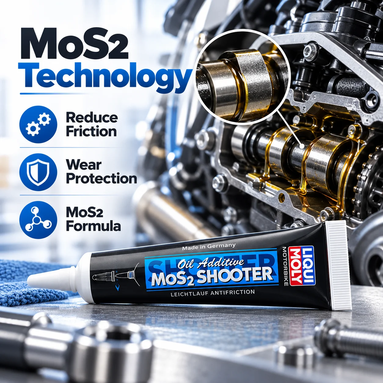 LIQUI MOLY Motorbike MoS2 Shooter Motorcycle Engine Oil Additive Anti Friction Wear Protection for 2T 4T Engines 20ml