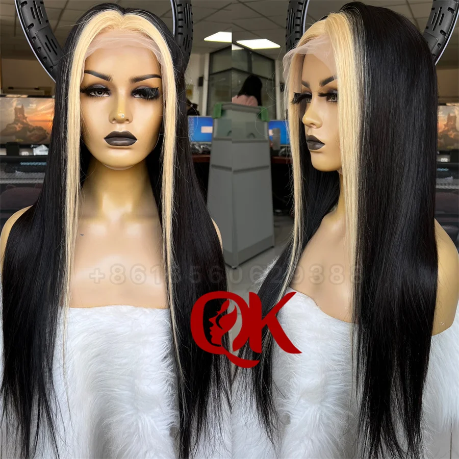 

QueenKing hair 13*6 180% Density Balck with 2pcs Blonde Lace Front Wig Silky Straight Preplucked Hairline Brazilian Human Hair