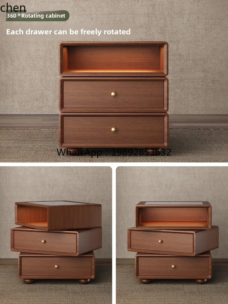 HXL solid wood bedside table, new household small apartment bedside table, modern simple rotating storage cabinet