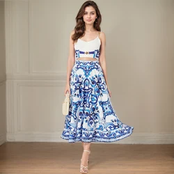 New Print Sling Skirt Big Hemline Dress Two-piece Set Boho Holiday Blue And White Porcelain Set Elegant Long Skirt Dress Suits