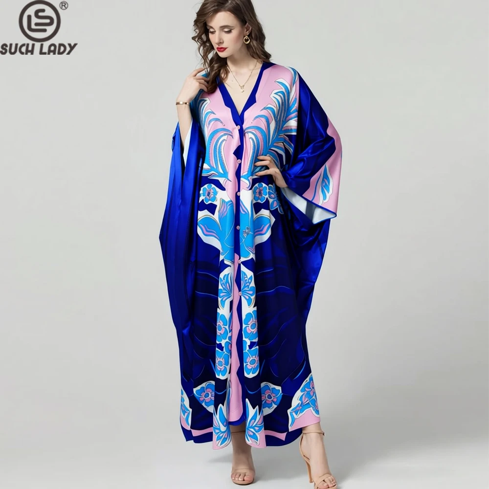 Abito lungo caftano floreale blu rosa da donna - Vestaglie da spiaggia estive con scollo a V e maniche lunghe, vestibilità ampia e fluida