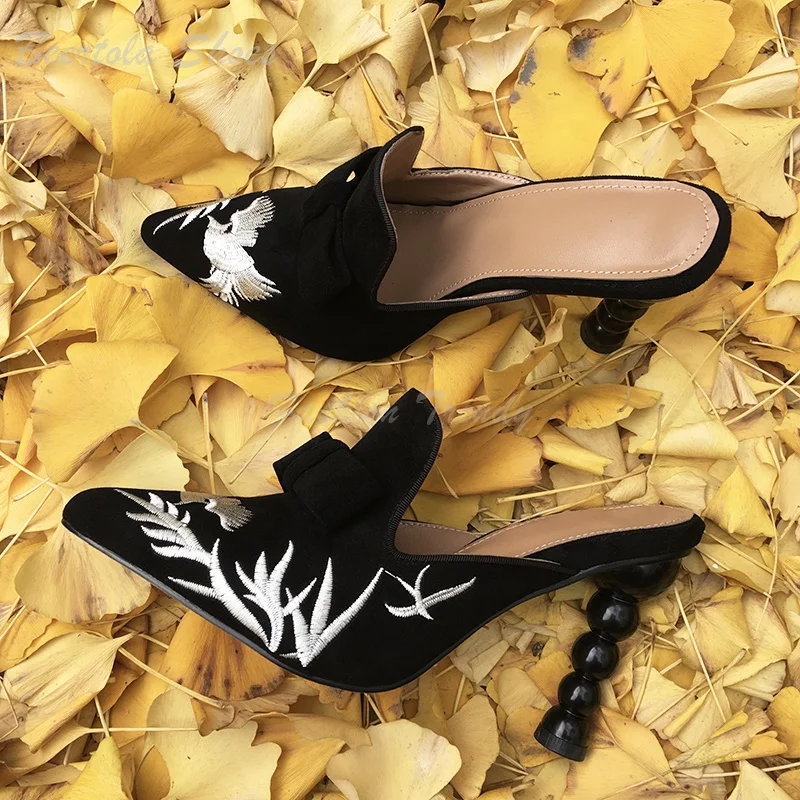 Women White Floral Embroidery Black Suede Heels Hollow Stiletto Pointed Slippers Ethnic Style Casual Concise Design Elegant Shoe