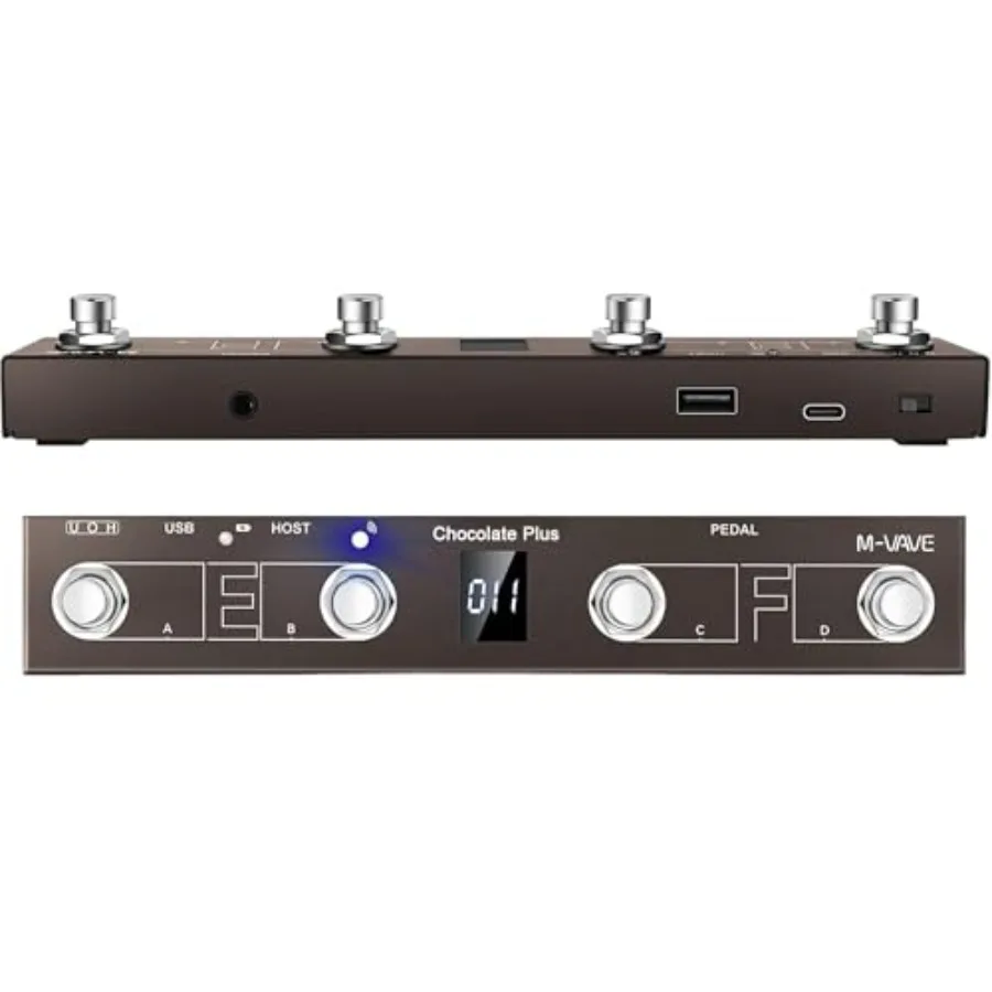 

Portable rechargeable wireless MIDI feet controller for live performance, chocolate-colored ABS plastic, 4 programmable buttons