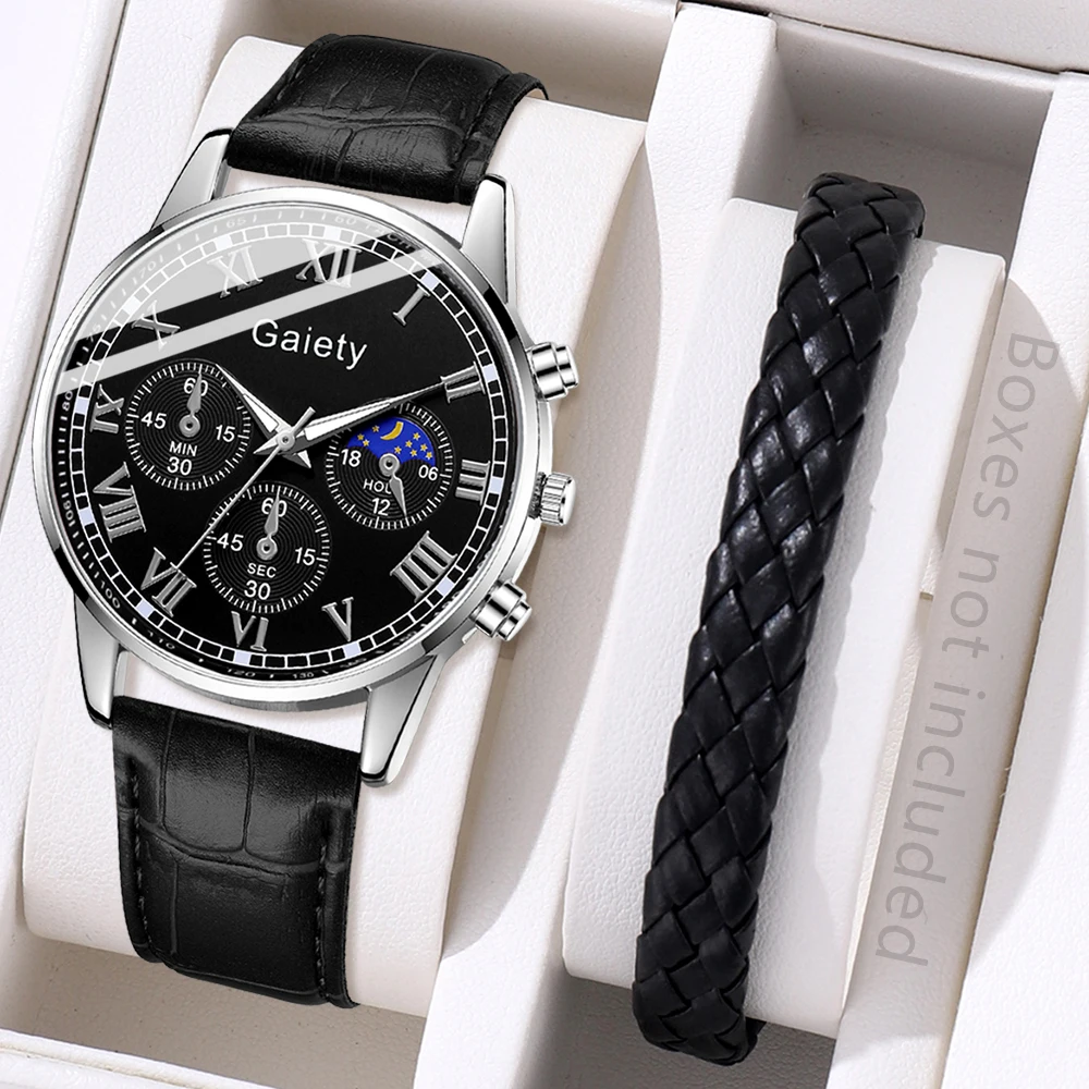 Herrenuhr, 2 Stück/Set, lässige schwarze Quarzuhr und Armbanduhr für Herren, die beste Geschenksets machen