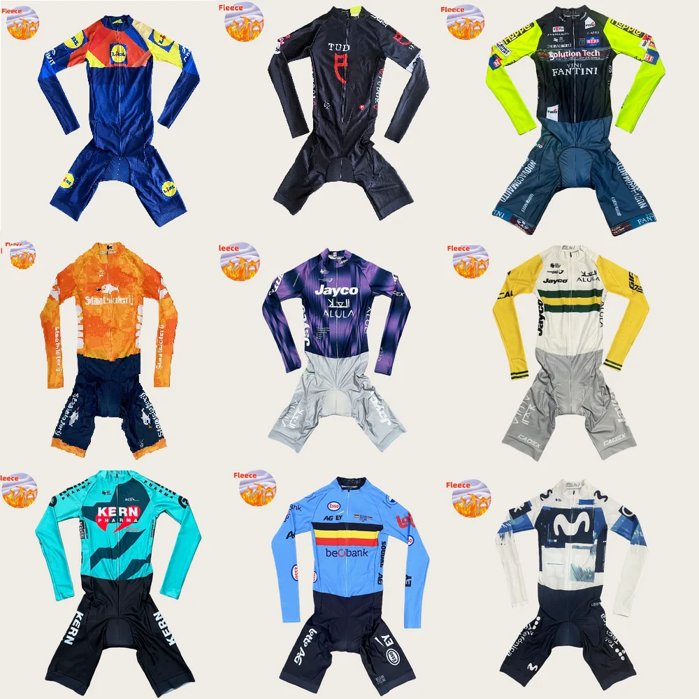 

LONG SLEEVE Skinsuit Bodysuit THERMAL WINTER FLEECE TEAM Cycling Jersey Bike Clothing With 7 Hours Italian Pad
