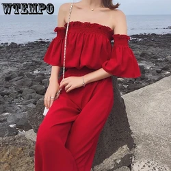 Ladies Summer Suit Off Shoulder Short Sleeve Belly Button Exposed Short Top Flower Bud Wide Leg Pants Two Piece Set Casual Suits