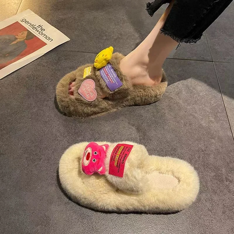 Strawberry Bear Lotso New Women's Fashion Cute Cartoon Wool Slippers Wear Winter Thick Bottom Home Cotton Slippers in Autumn