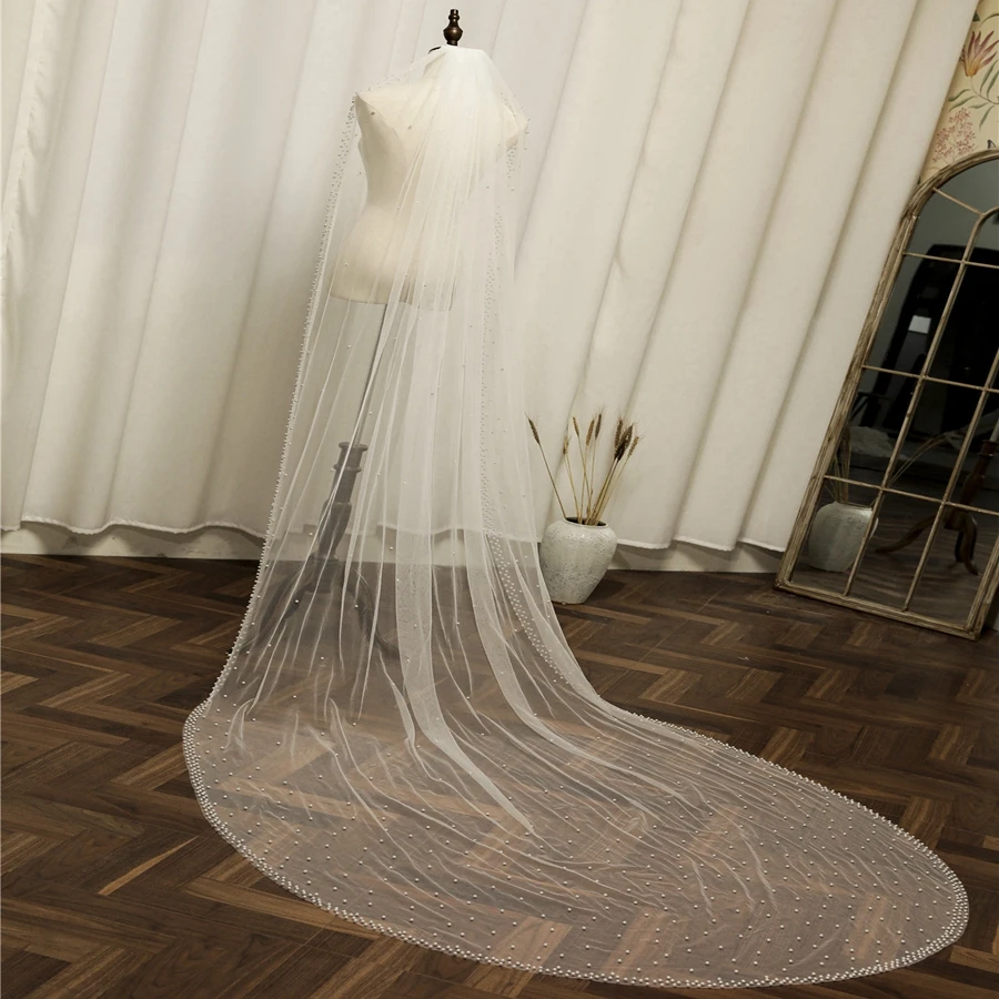 

New Arrival White Ivory Cathedral wedding veils for bride accesories Pearls Veu de noiva matrimonio Bridal Veil velo novia