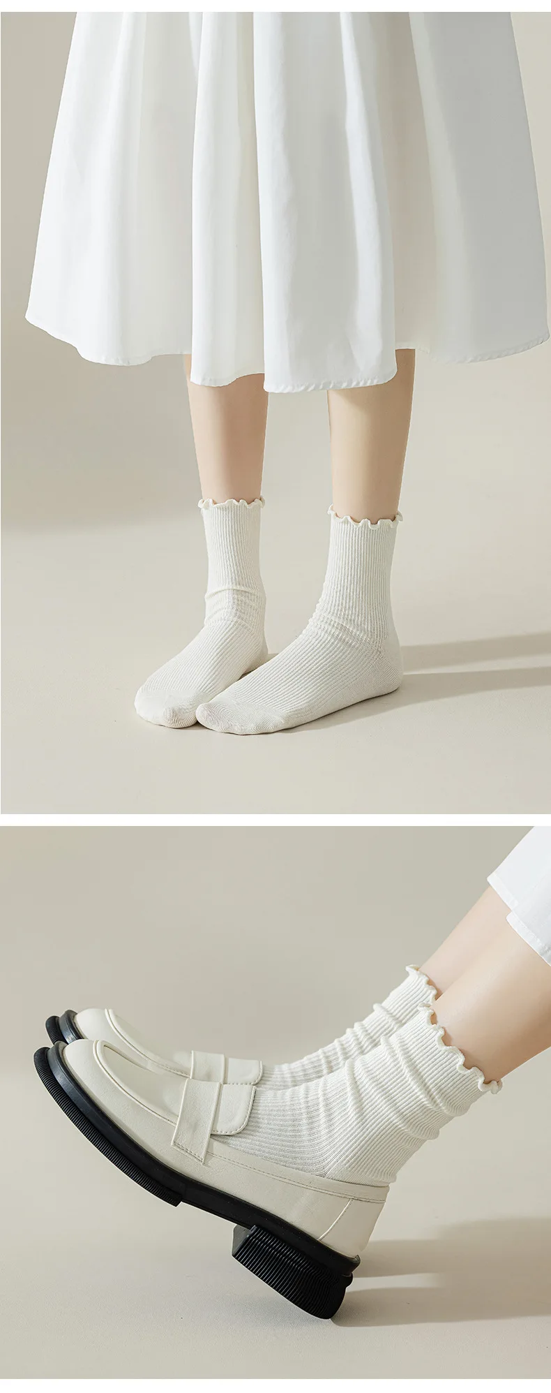 6 Paar Rüschensocken für Damen, Baumwolle, einfarbig, mittellange Socken, niedliche, kawaii, koreanische, atmungsaktive, schwarz-weiße kurze Strümpfe – Detail 3