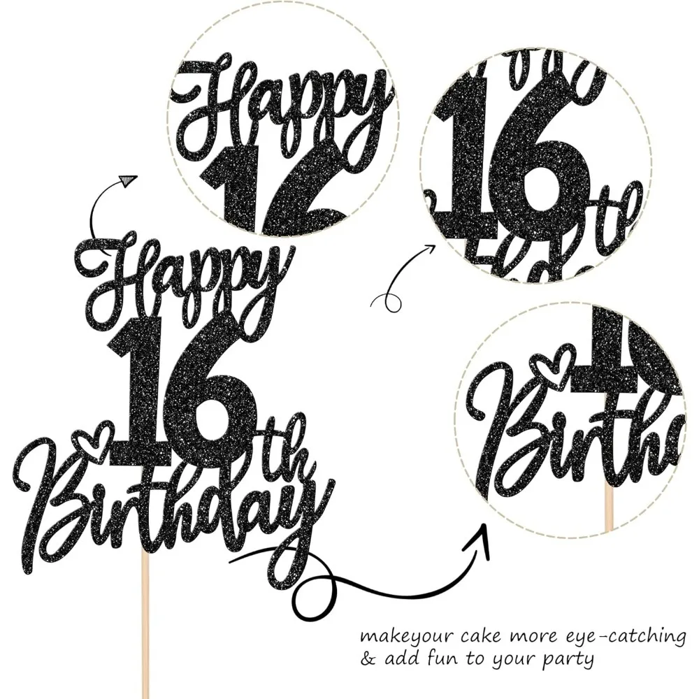 Schwarzer Tortenaufsatz zum 16. Geburtstag – Süße 16. Geburtstagskuchendekoration, elegantes schwarzes Glitzer-Partyzubehör für Mädchen und Jungen – Detail 3