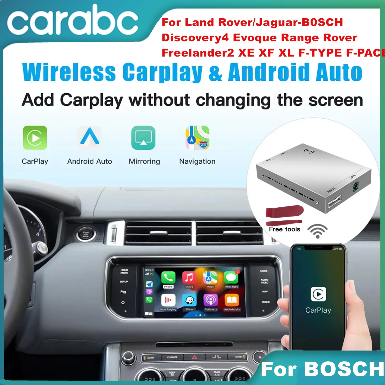 CARABC Carplay Inalámbrico y Android Auto Compatible con Land Rover Jaguar Bosch Discovery4 Evoque Freelander2 XE XF XJL