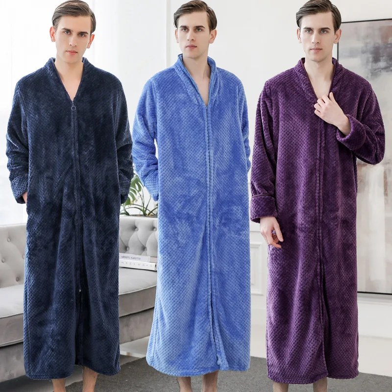 New Thickened Zipper Nightgown Men Winter Extra Long Warm Nightgown Autumn and Winter Sleepwear Solid Color Men\'s Bathrobe