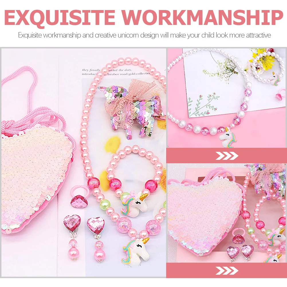 مجموعة واحدة من مجوهرات الأطفال، قلادة وحيد القرن للفتيات الصغيرات، سوار حلق لؤلؤي مريح وآمن وناعم وصديق للبشرة