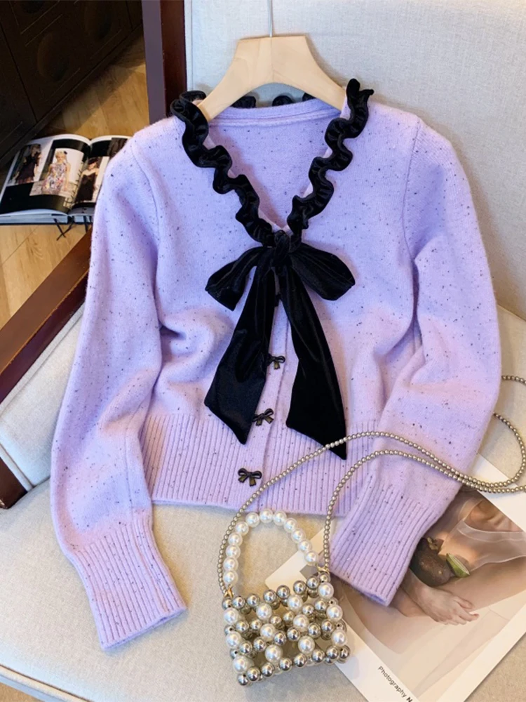 Women Purple Bow Sweater Harajuku Long Sleeves V-Neck Knitted Sweaters Jumper 90s Vintage Y2k 2000s Cutecore Clothes Autumn 2024