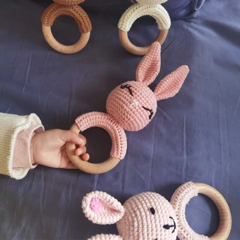 Baby Teether Music Rattles for Kids Animal Crochet Rattle Rabbit Bear Ring Wooden Babies Gym Montessori Children's Toys