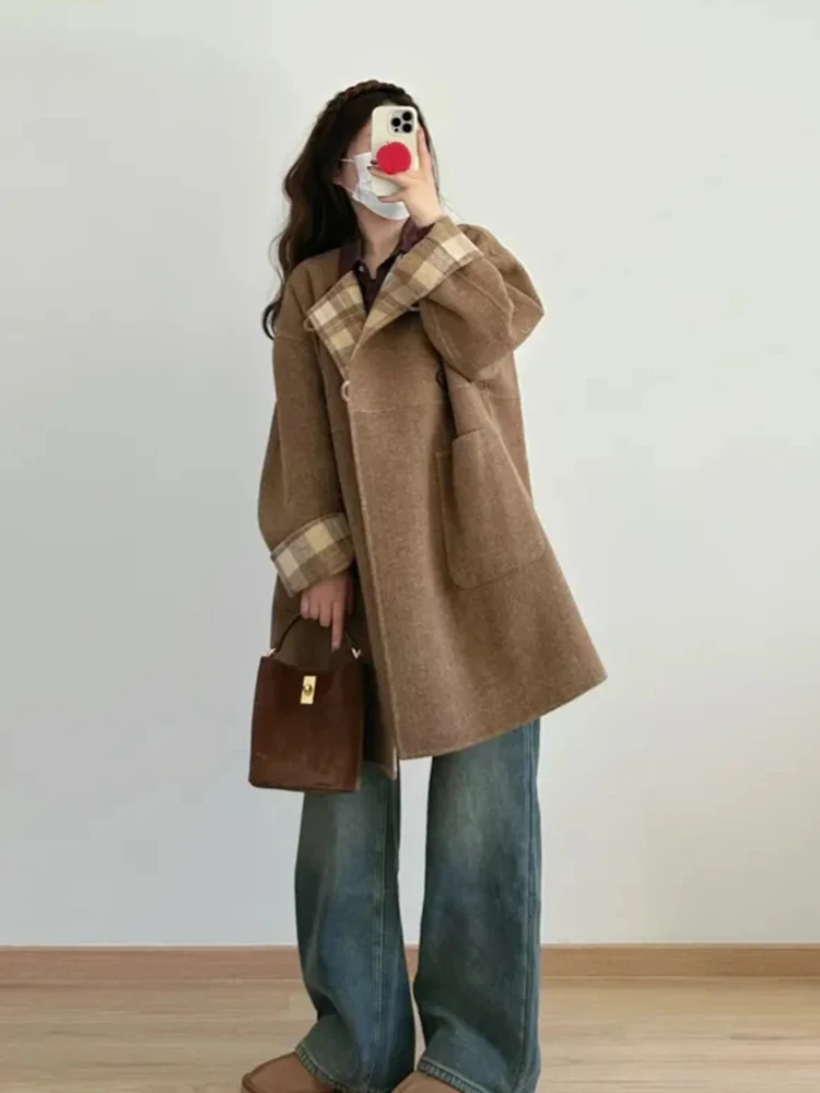 

Korean Sle Premium Feel Woolen Coat Women's Autumn Winter 2025 New Medium Length Loose Slimming Woolen Coat Long Sve