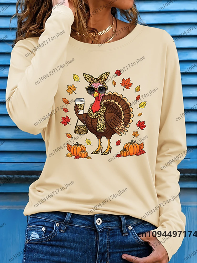 2026 Thanksgiving Day Leopard Turkey Print Women's Long Sleeve T-shirt Autumn Casual Streetwear Tees Oversized Unisex Tops