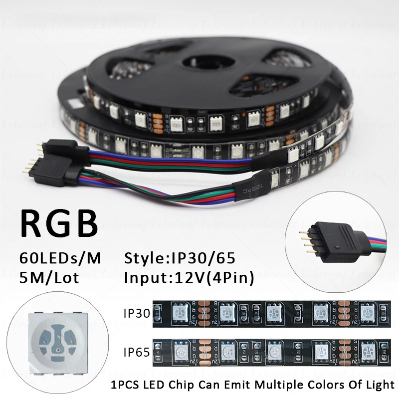 5M taśma LED RGB niskiego napięcia DC 12V SMD5050 60 leds/m czarny elastyczny pasek światła PCB ciepły biały czerwony zielony niebieski IP30 IP65