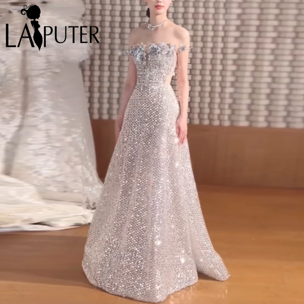 Luxury Silver Sequin Evening Dress A line 3D Beaded Flowers Formal Dress Off Shoulder Illusion Waist Prom Gown