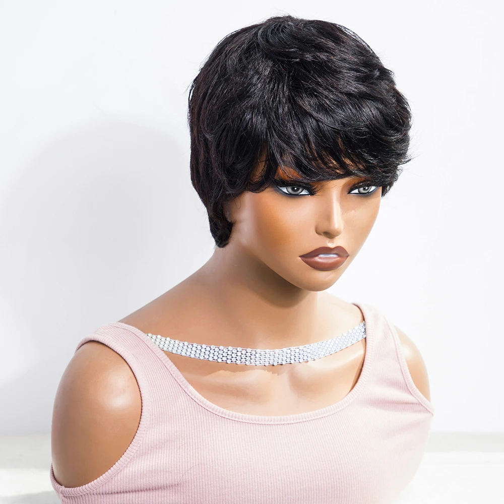 Short Pixie Cut Straight Hair Wig Peruvian Remy Hair Human Hair Wigs With Bangs Natural Black Color Full Machine Human Hair Wig