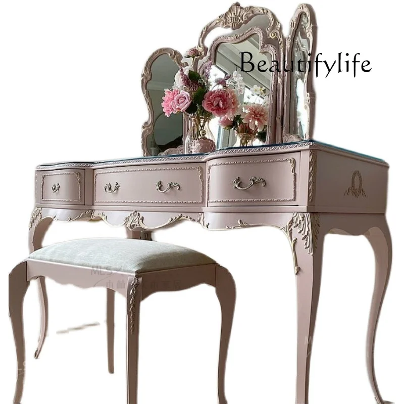 

European Entry Lux Solid Wood Dresser Retro Style Bedroom Carved Makeup Table Combination with Mirror