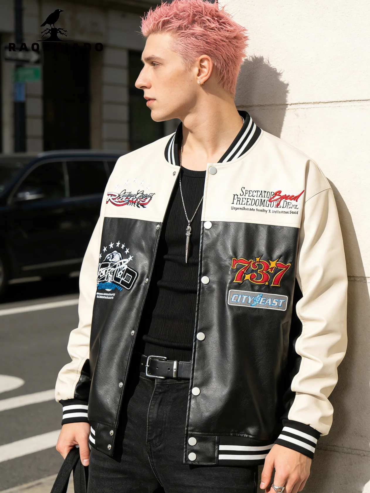 

Мужская куртка из искусственной кожи в бейсбольном стиле, ветровка для уличной моды, мотоциклетная куртка с вышивкой и пэчворком, повседневная верхняя одежда для весны/осени