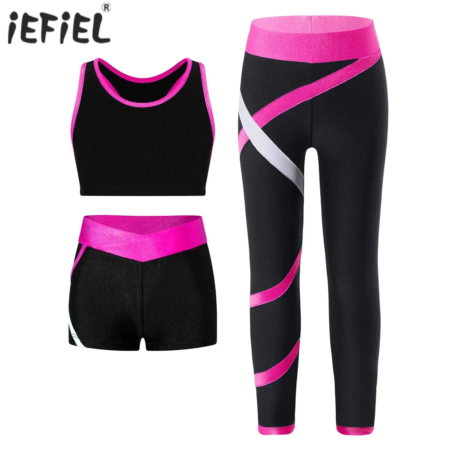 Kids Girls Sports Outfits Ballet Gymnastics Sets Racer Back Sleeveless Crop Top Vest with Pants Shorts for Running Workout Yoga