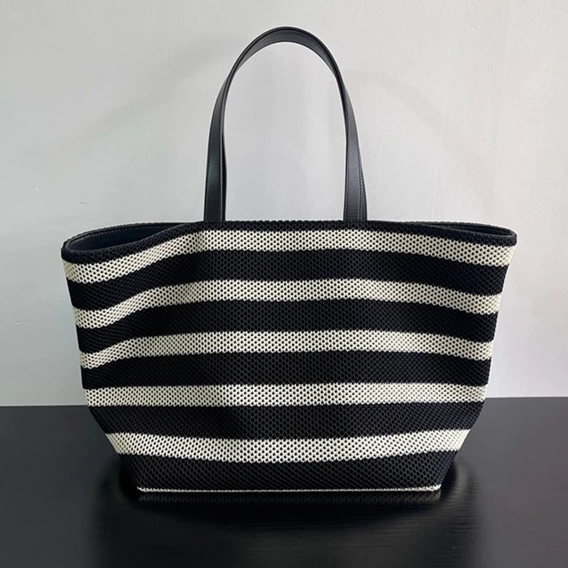 

Stripes Mesh Tote Bag For Women Luxury Designer Handbag And Purse 2024 New In Casual Commuting Large Capacity Underarm Shoulder