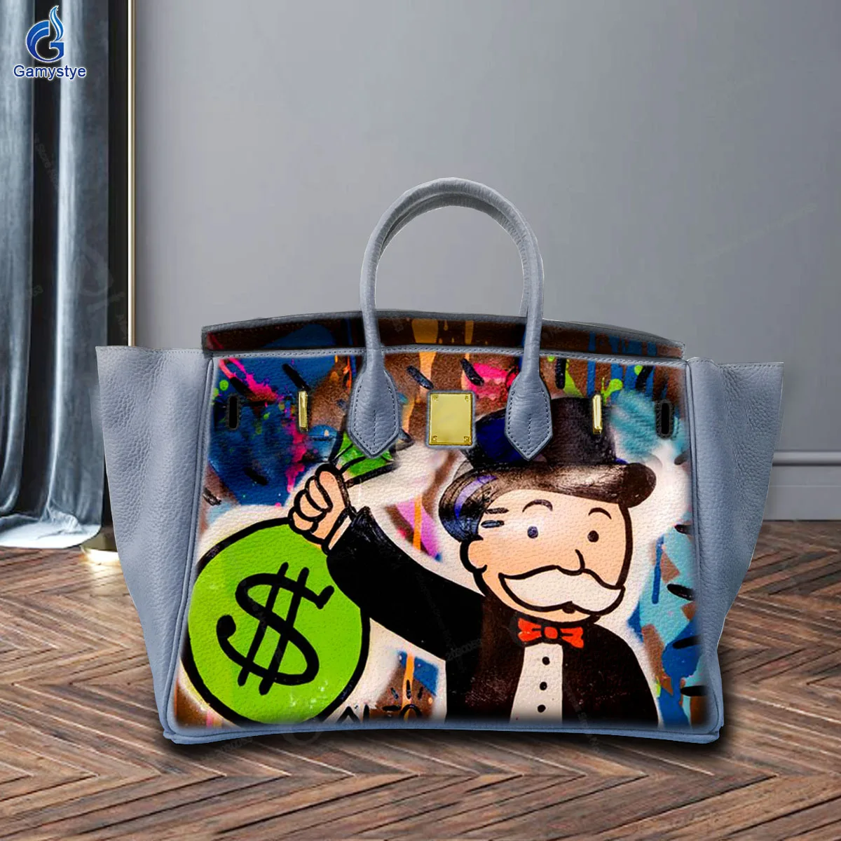 

Personalizar bolso Art Hand Painted Grandpa holding gold coins Bag Designer Totes Women purses and handbags Genuine Togo Leather